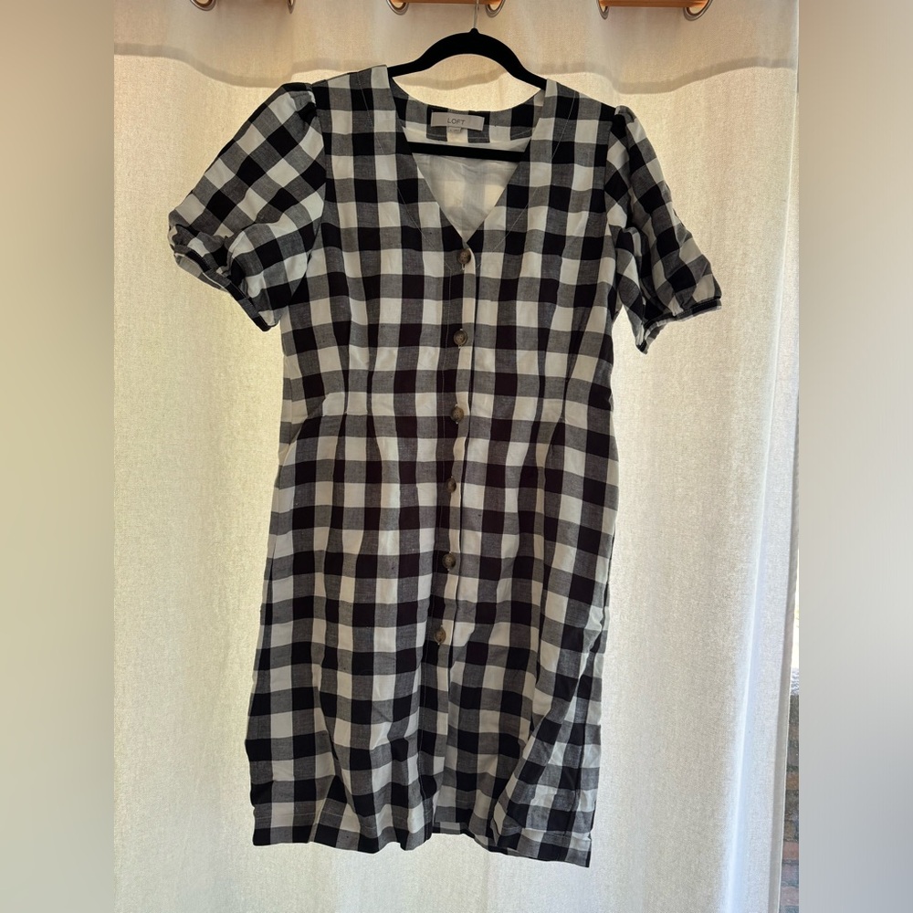 NWOT- Loft black and white gingham dress button up the front size 8
